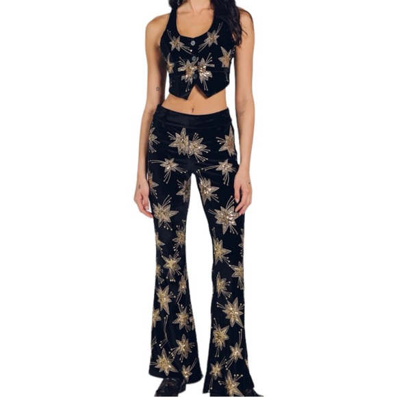 New LENNI x Free People XS Black Sequin Star Embroidered 2-Pc Jacket & Pant Set - Picture 9 of 15